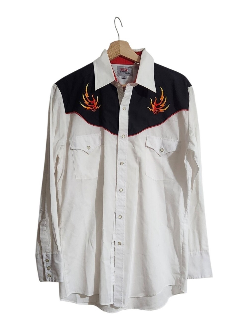 Men's White Western Shirt with Black Yoke and Flame Embroidery